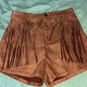 Buckle Brown High Waist Fringe Shorts